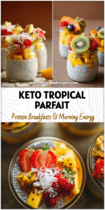 Coconut chia pudding parfait topped with tropical fruit and chia seeds served in clear jars.